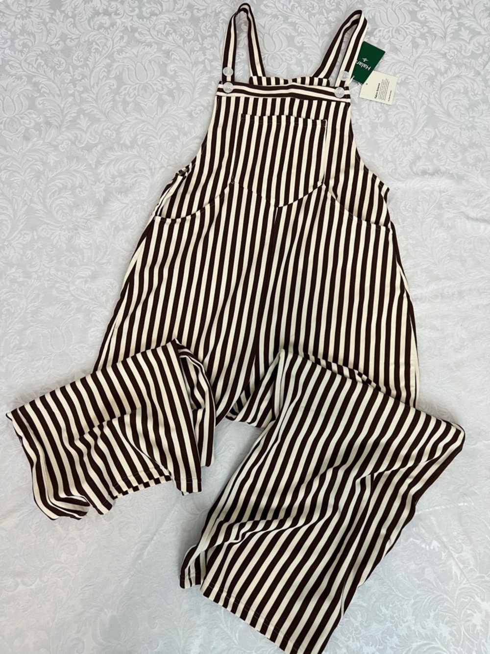 HALARA Brown & Cream Striped Wide-Leg Overall Jumpsuit -Sz Medium -New with Tags